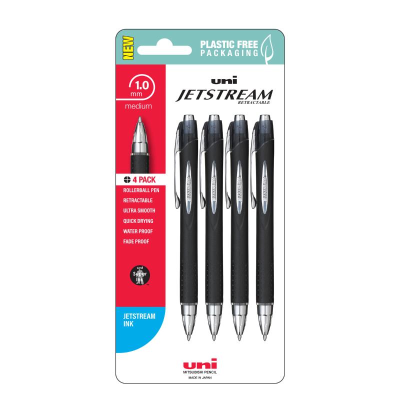 Pack of four Uni Jetstream 1.0mm black retractable pens, featuring smooth writing, permanent ink, and comfortable grip for easy handling.