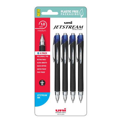 Uni Jetstream 1.0mm blue retractable pens in a pack of 4, featuring smooth, permanent, and waterproof ink for reliable writing.