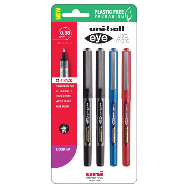 Assorted pack of Uni Eye 0.38mm rollerball pens, featuring ultra-fine nibs and waterproof, fade-proof ink.