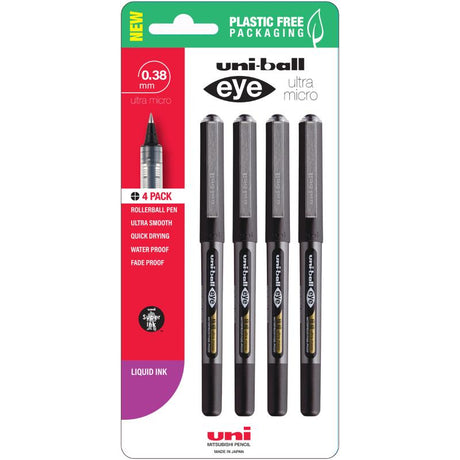 Uni Eye 0.38mm Ultra Micro Rollerball Pens with black ink, precision nib, and transparent barrel, perfect for writing and drawing.