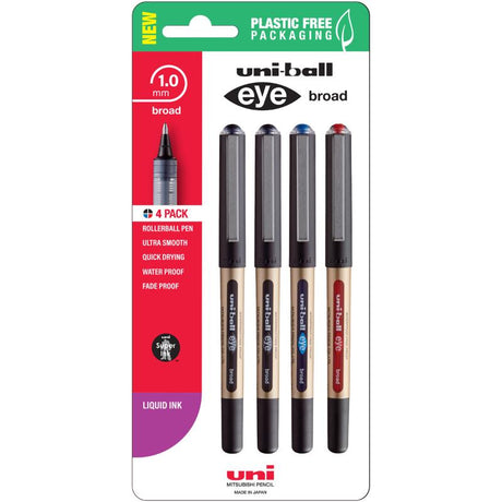 Assorted Uni Eye 1.0mm rollerball pens with clear ink chamber, permanent ink, ideal for writing and drawing.