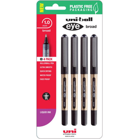 Uni Eye 1.0mm Broad Capped Black pens in a pack of 4, ideal for vibrant writing and expressive drawing.