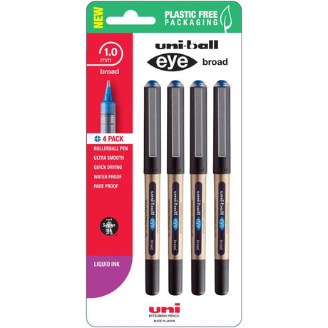 Uni Eye 1.0mm broad rollerball pens in blue, featuring a unique ink delivery system and clear ink chamber for monitoring levels.