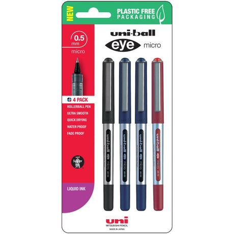 Assorted Uni Eye 0.5mm rollerball pens in a pack of 4, featuring smooth ink flow and fade-proof, waterproof ink.