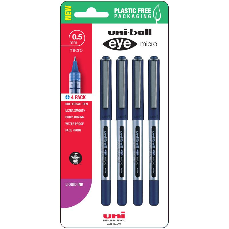 Blue Uni Eye 0.5mm rollerball pens in a pack of 4, featuring smooth writing, clear ink chamber, and fade-proof ink.