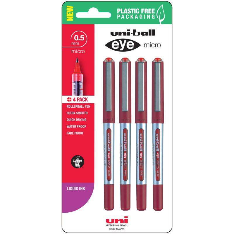 Uni Eye 0.5mm Micro Capped Red Hangsell pens in a pack of 4, featuring smooth ink flow and permanent, waterproof ink.