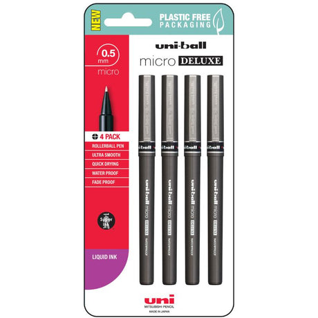 Black Uni Micro 0.5mm Deluxe Rollerball Pens in a pack of 4, featuring waterproof, fade-proof ink and a pocket clip for portability.