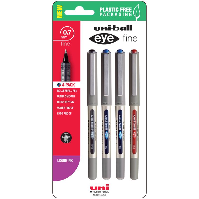 Assorted pack of four Uni Eye 0.7mm fine rollerball pens, ideal for precise writing and vibrant artistic expression.