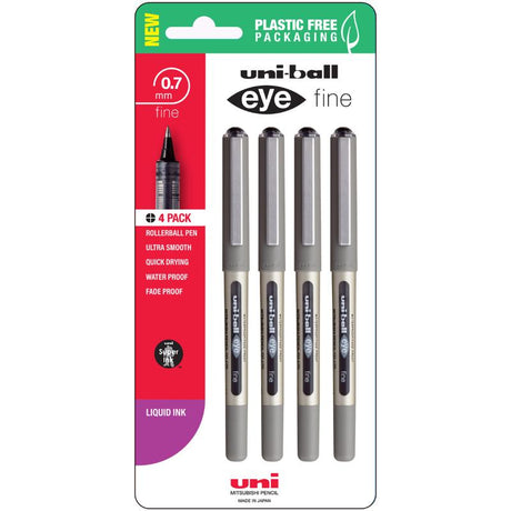 Uni Eye 0.7mm Fine Capped Black rollerball pens, featuring permanent, waterproof ink and a clear ink chamber, pack of 4.