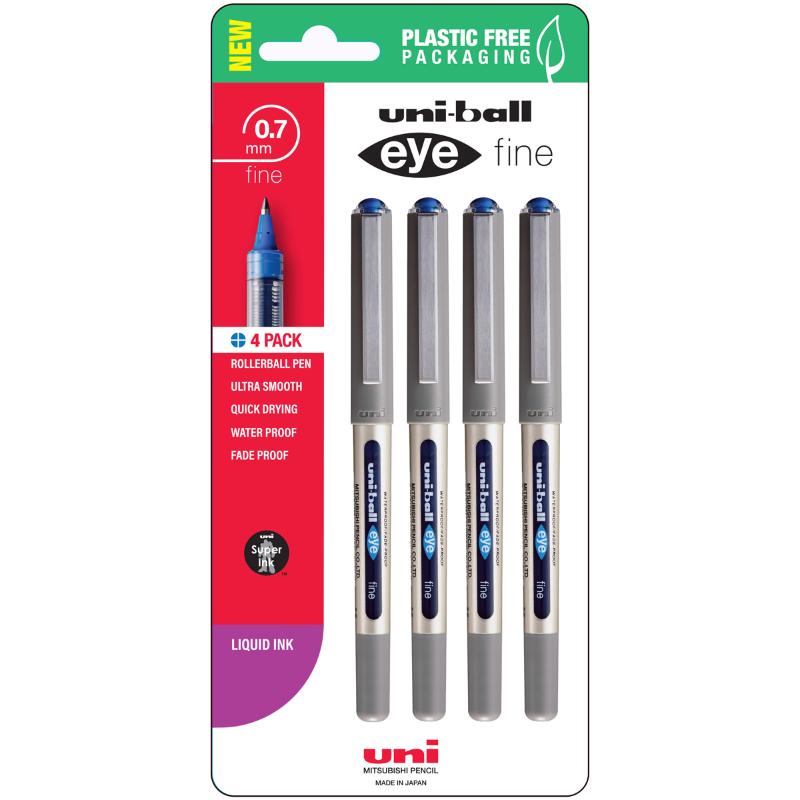 Pack of four Uni Eye 0.7mm fine capped rollerball pens in vibrant blue, ideal for smooth writing and artistic projects.