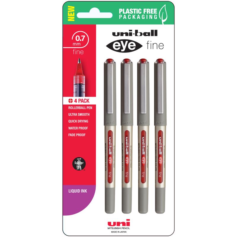 Set of four Uni Eye 0.7mm fine capped red rollerball pens with clear ink chamber for smooth writing and ink level monitoring.