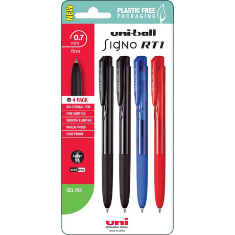 Uni Signo RT1 0.7mm retractable gel pens in assorted colors, featuring smooth ink, ergonomic grip, and pocket clip for convenience.