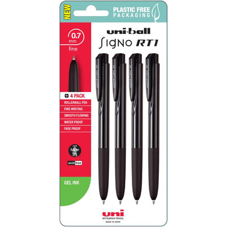 Retractable Uni Signo RT1 gel pens in black, 0.7mm nib, featuring rubberized grip, quick-drying ink, set of 4.