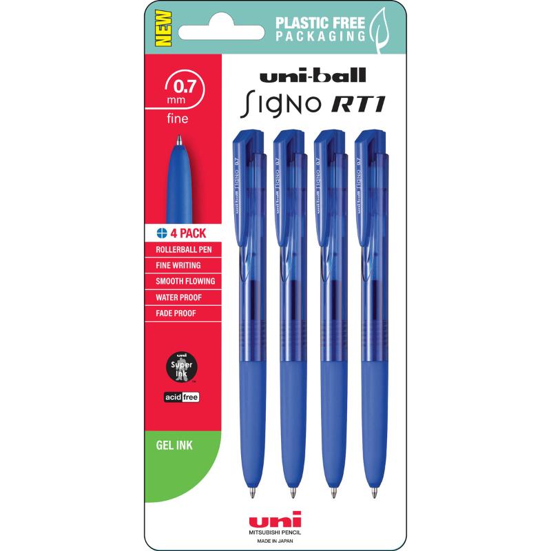 Uni Signo RT1 0.7mm blue gel pens in a pack of 4, featuring a retractable design and ergonomic grip for comfortable writing.