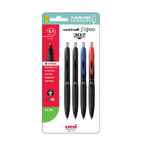 Uni Signo 307 0.7mm gel pens in assorted colors, featuring smooth ink flow and comfortable rubber grip for precise writing.