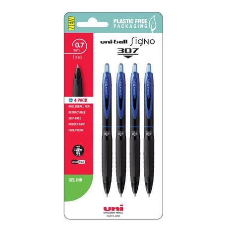 Uni Signo 307 blue gel pens in a 4-pack, featuring a 0.7mm nib and comfortable grip for smooth, precise writing.