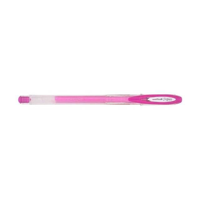 Pastel pink Uni-Ball Signo Angelic gel pen with a 0.7mm tip, ideal for vibrant, waterproof writing and artistic projects.