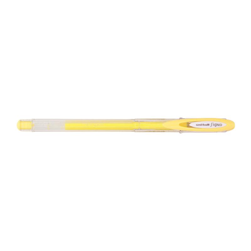 Yellow Uni-Ball Signo Angelic gel pen with 0.7mm tip, perfect for vibrant, waterproof writing and artistic projects.