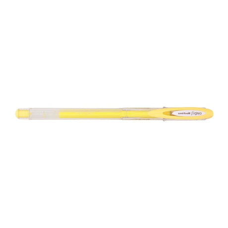 Yellow Uni-Ball Signo Angelic gel pen with 0.7mm tip, perfect for vibrant, waterproof writing and artistic projects.