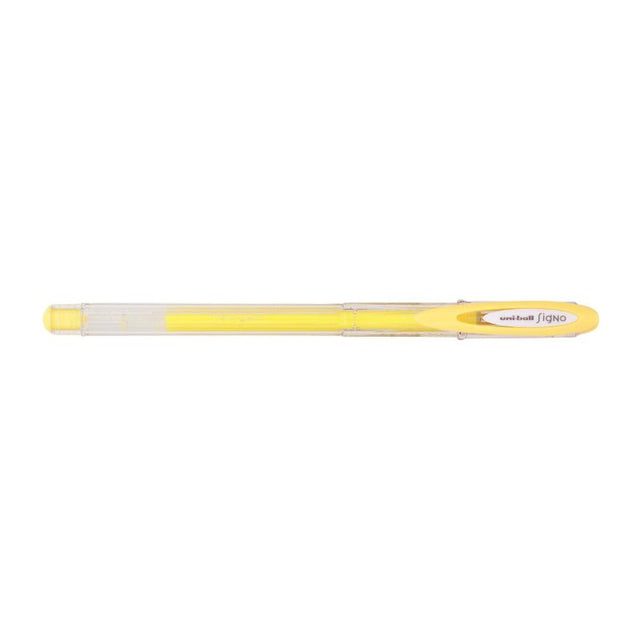 Yellow Uni-Ball Signo Angelic gel pen with 0.7mm tip, perfect for vibrant, waterproof writing and artistic projects.