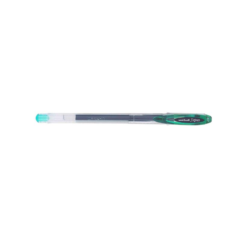 Uni-ball Signo Fine 0.7mm Green gel pen, featuring vibrant pigment ink, smooth flow, and lasting water-resistant quality.