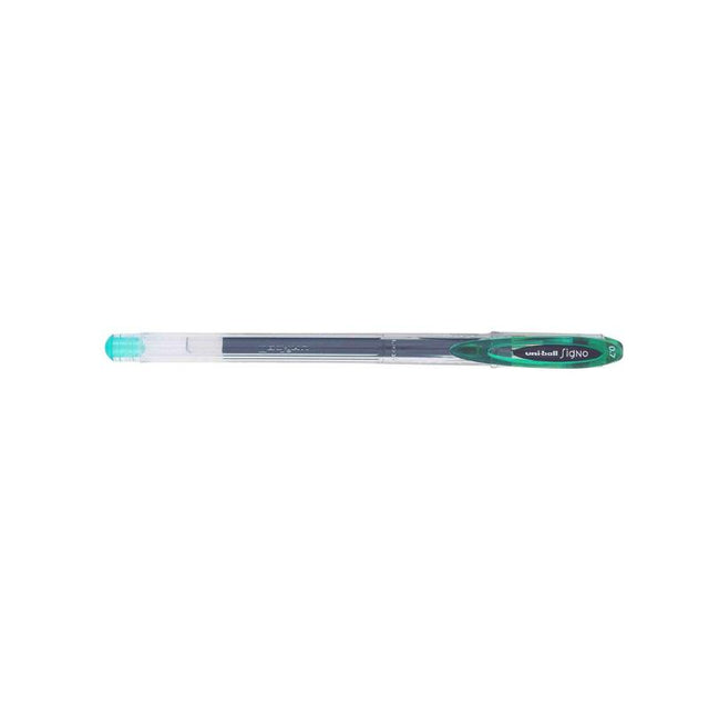 Uni-ball Signo Fine 0.7mm Green gel pen, featuring vibrant pigment ink, smooth flow, and lasting water-resistant quality.