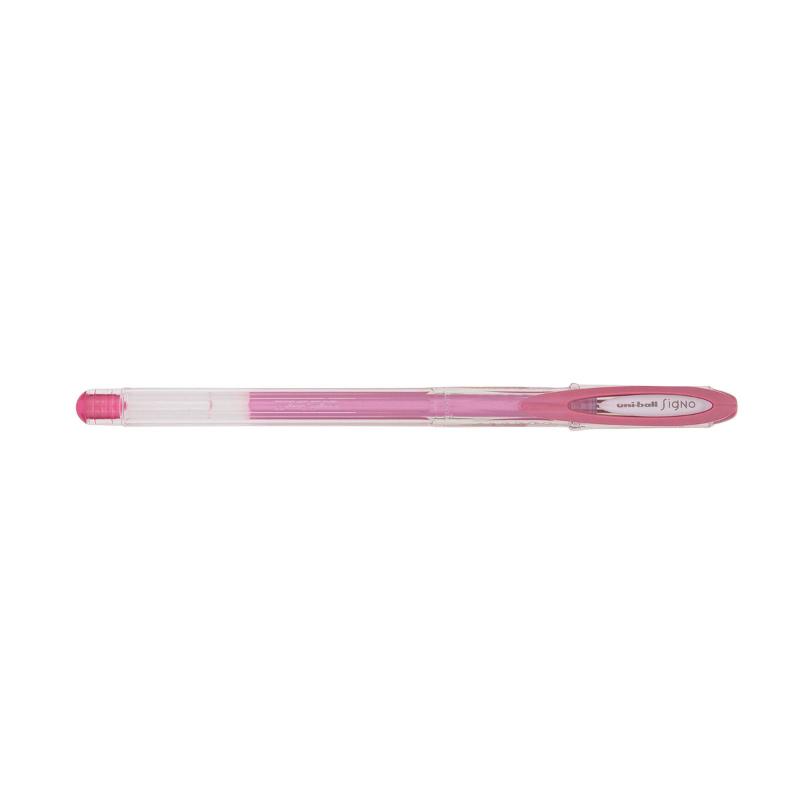 Metallic pink Uni-Ball Signo Noble gel pen with 0.8mm tip, perfect for vibrant writing, scrapbooking, and artistic projects.