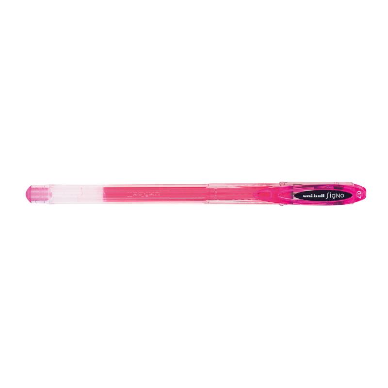 Vibrant pink Uni-ball Signo Fine 0.7mm gel pen, perfect for detailed writing, waterproof, acid-free, and capped for longevity.