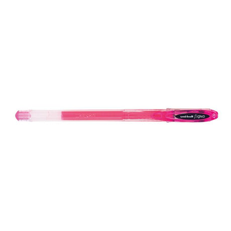 Vibrant pink Uni-ball Signo Fine 0.7mm gel pen, perfect for detailed writing, waterproof, acid-free, and capped for longevity.