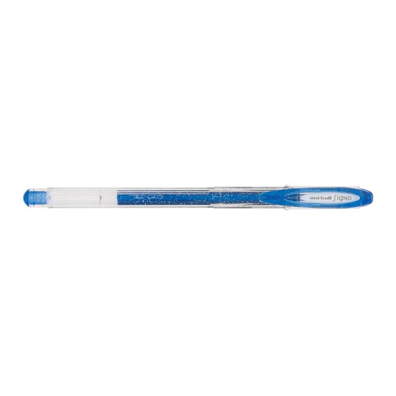 Blue Uni-Ball Signo Sparkling 0.7mm gel pen with vibrant, waterproof ink, ideal for creative writing and professional use.