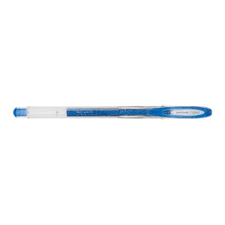 Blue Uni-Ball Signo Sparkling 0.7mm gel pen with vibrant, waterproof ink, ideal for creative writing and professional use.