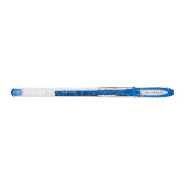 Blue Uni-Ball Signo Sparkling 0.7mm gel pen with vibrant, waterproof ink, ideal for creative writing and professional use.