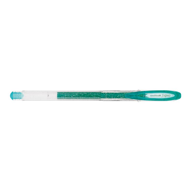 Vibrant green Uni-Ball Signo Sparkling gel pen with 0.7mm tip for elegant writing and creative projects.