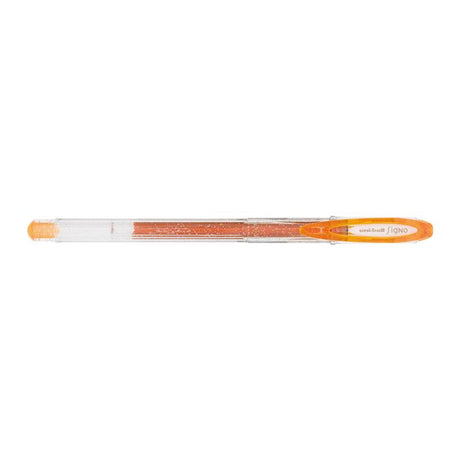 Vibrant orange Uni-Ball Signo Sparkling gel pen with a 0.7mm tip, ideal for creative writing and crafting.