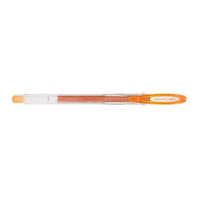 Vibrant orange Uni-Ball Signo Sparkling gel pen with a 0.7mm tip, ideal for creative writing and crafting.
