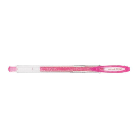 Vibrant pink gel pen with sparkling ink, 0.7mm tip for smooth writing, ideal for creative projects and journaling.