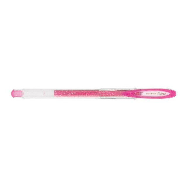 Vibrant pink gel pen with sparkling ink, 0.7mm tip for smooth writing, ideal for creative projects and journaling.
