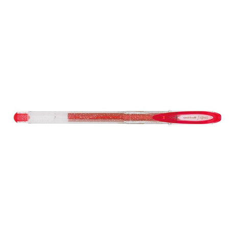 Vibrant red Uni-Ball Signo Sparkling gel pen with 0.7mm nib, perfect for smooth writing and creative projects.
