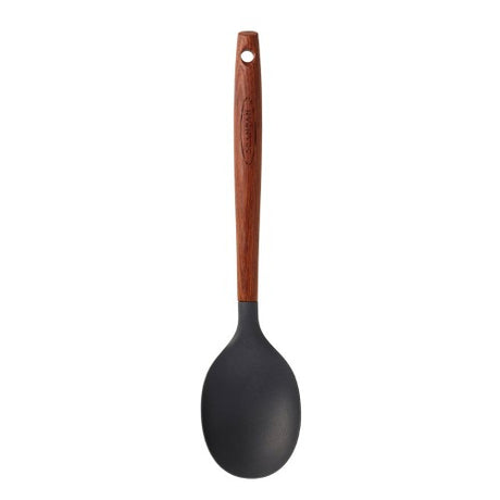 Silicone spoon with a carbonised ashwood handle, ideal for stirring and mixing, featuring a convenient hanging loop.