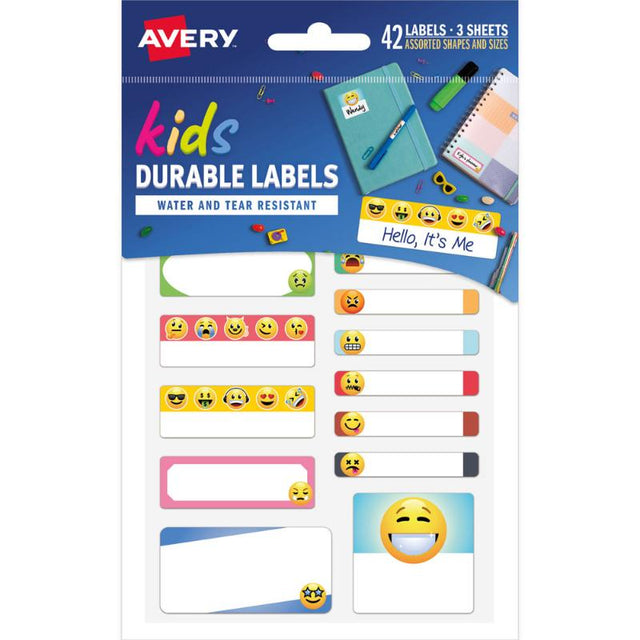 Vibrant emoji-themed school labels in a 42-pack, perfect for personalizing supplies with durability and water-resistance.