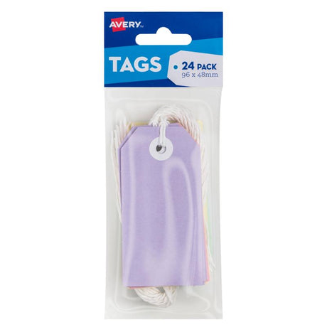 Vibrant 24-pack of pastel tags with string, ideal for organizing, gifting, and crafts, featuring six colors and reinforced holes.