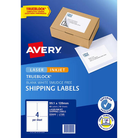 Avery L7169 Internet Shipping Labels, 99.1x139mm, 4-up format, 10 sheets, with Trueblock technology for easy reuse.