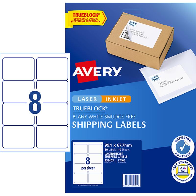 Avery L7165 labels for shipping, 99.1x67.7mm, 8-up on 10 sheets, with Trueblock for complete coverage and customization.