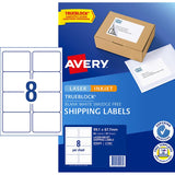 Avery L7165 labels for shipping, 99.1x67.7mm, 8-up on 10 sheets, with Trueblock for complete coverage and customization.