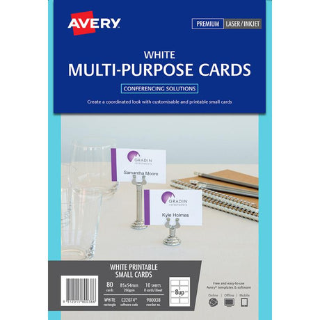 White Avery multi-purpose cards for inkjet and laser printers; 80 cards in total, ideal for customizable branding and events.