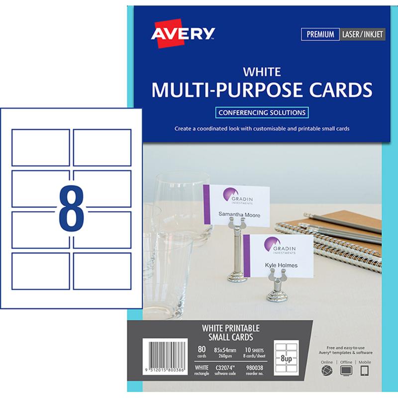 Avery Multi-Purpose card sheets, 80 customizable cards, 260 gsm, for events and branding, compatible with inkjet/laser printers.