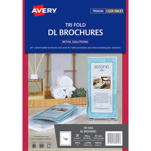 Avery Tri Fold Brochures, 20 premium A4 sheets for inkjet/laser printing, ideal for stunning marketing materials.