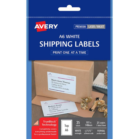 Avery L7175 A6 shipping labels, 25 sheets, Trueblock technology, customizable for inkjet and laser printers.