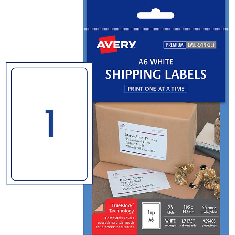 Avery L7175 A6 shipping labels, 25 sheets, Trueblock technology for clear printing, compatible with laser and inkjet printers.