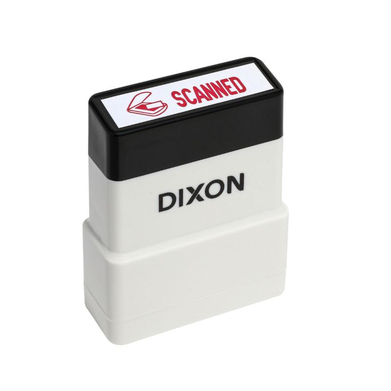 Dixon Stamp 005 Scanned Red Pre-Inked Stamp, durable plastic, precise impressions, vibrant red ink, compact 13x42mm size.